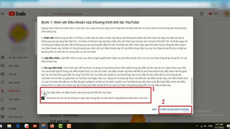 chấp nhận các điều khoản trong Chương trình đối tác YouTube