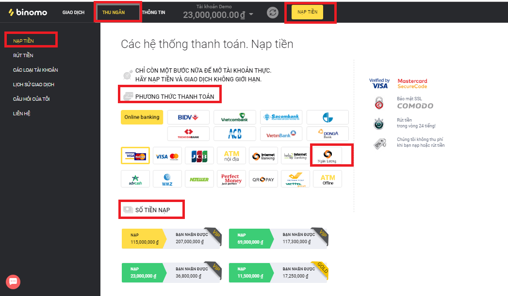 cách nạp tiền vào tài khoản Binomo